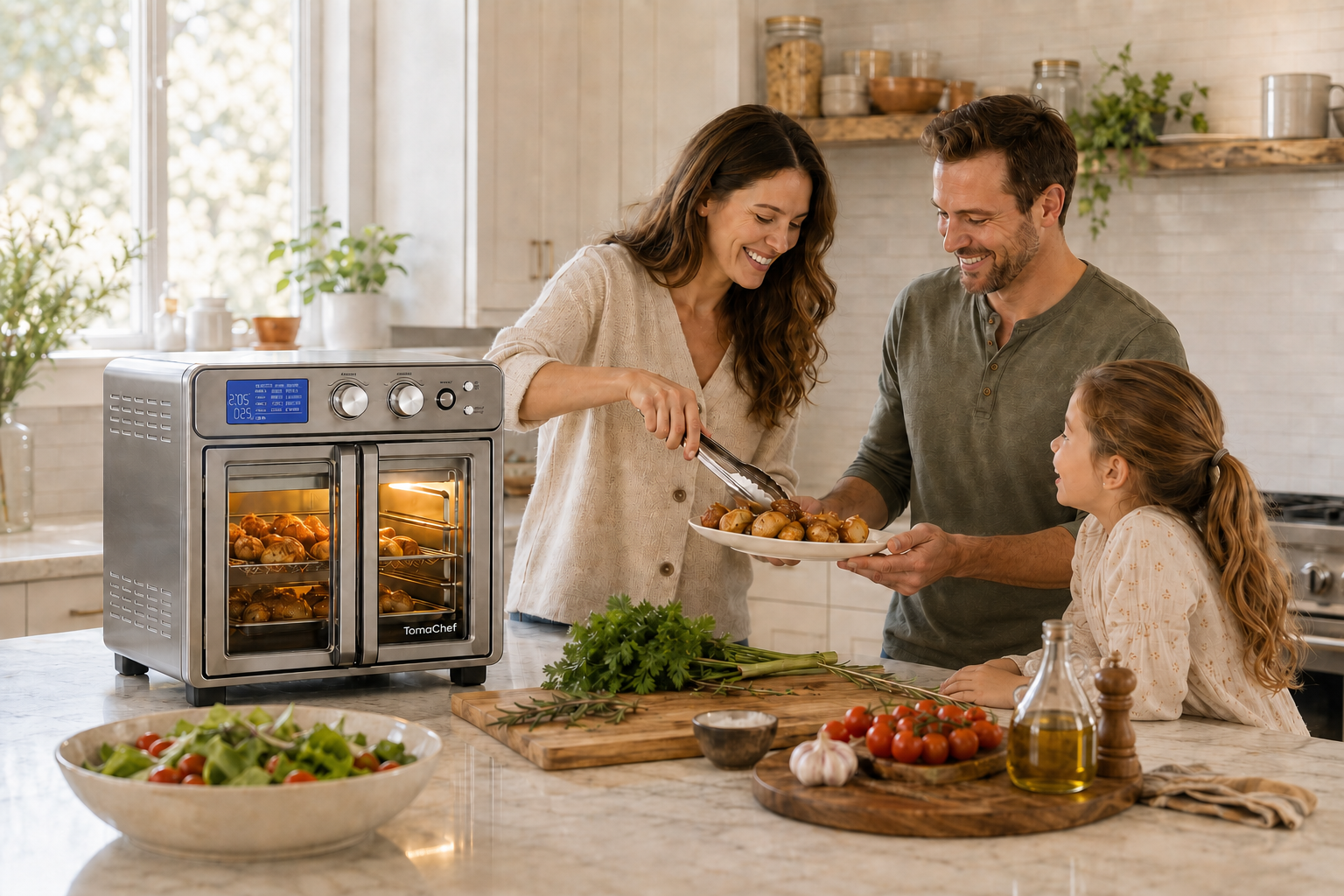 A family enjoying cooking together with a TomaChef air fryer oven